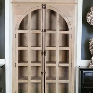 Modern Coastal Tall Arch Glass Door Bookcase Display Cabinet Solid Mango Natural Wood Almirah Light Driftwood Finish