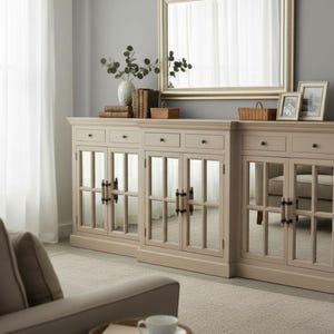 Cape Cod Coastal 6 Mirror Door 6 Drawer Breakfront Credenza Large Solid Wood Sideboard Driftwood Finish
