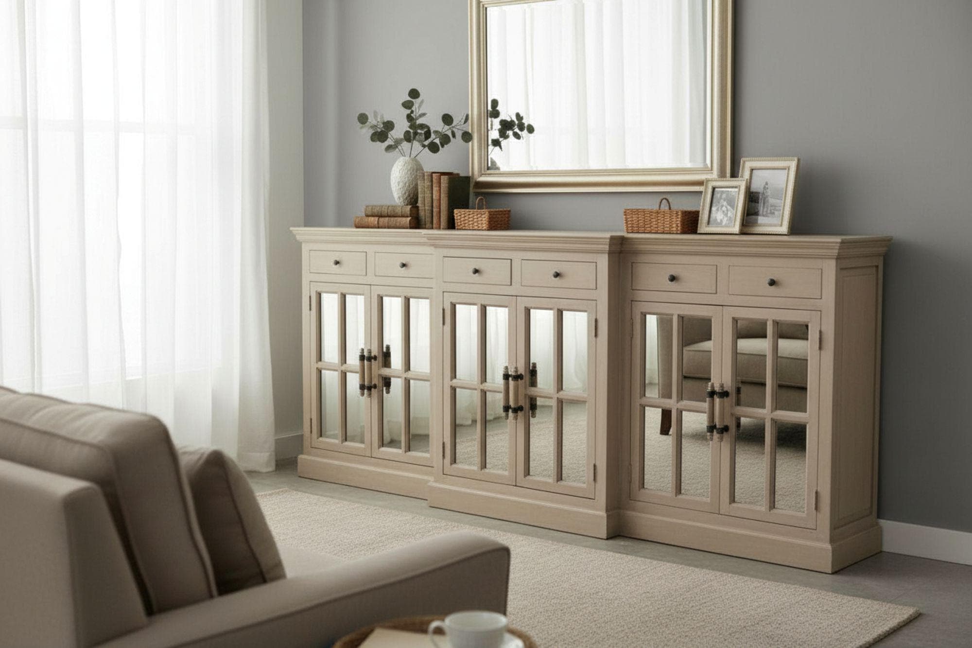 ファンシーアラモード カゴ Cape Cod Coastal 6 Mirror Door 6 Drawer Breakfront Credenza Large