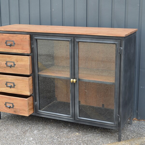 Reclaimed wood Industrial Gun Metal and wood Media console cabinet  credenza  console entry way buffet table