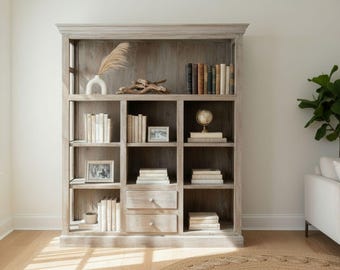 Cape Cod Coastal Open Shelf Bookcase Glass Side Large Display Cabinet Driftwood Finish