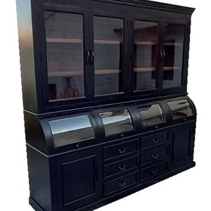 Modern Farmhouse Kitchen Pantry Large Cupboard Solid Wood Glass Door China Display Showcase 2 Piece Hutch Curved Glass Black Bread Cabinet