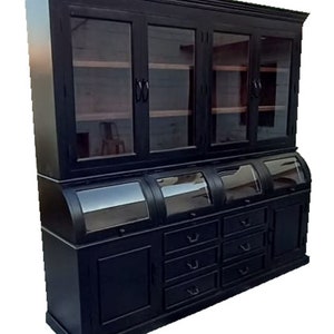 Country Kitchen Pantry Large Cupboard Solid Wood Glass Door China Display Showcase 2 Piece Hutch Curved Glass Black Bread Roll Cabinet