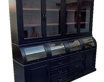 Modern Farmhouse Kitchen Pantry Large Cupboard Solid Wood Glass Door China Display Showcase 2 Piece Hutch Curved Glass Black Bread Cabinet