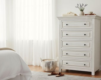 Shabby Chic Chest of 5 Drawers Tallboy Solid Wood Distressed White Bedroom Clothes Dresser No Assembly Required - Etsy Shabby Chic Chest of 5 Drawers Tallboy Solid Wood Distressed White Bedroom Clothes Dresser No Assembly Required - Etsy