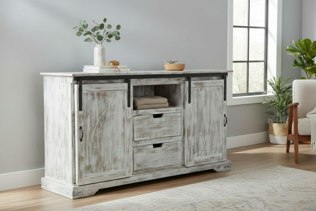Whitewash Solid Wood TV Stand: Coastal Cottage Media Console - Etsy