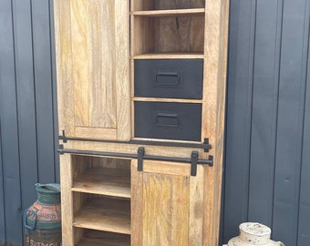Industrial Sliding Door Iron & Wood Tall Rustic Bookcase Office Cabinet
