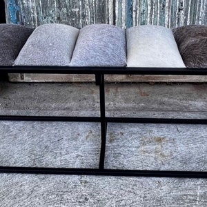 Southwestern Rustic Ranch House Iron Frame Long Rustic Hair On Hide Cushions Entryway End Of Bed Long Dining Bench