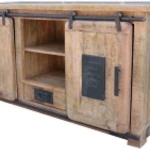 Industrial Jupiter Iron Sliding Door Solid Wood Narrow Open Shelf Rustic Media Cabinet Lime Wash