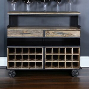 Industrial Chic Indoor Outdoor Solid Mango Wood & Iron Rolling Home Bar Cart With Liquor Wine Bottle Storage Shelf 2 Drawers Cabinet