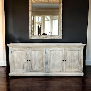 Coastal Beach House Solid Mango Wood Entryway Media Console Credenza 4 Door Dining Buffet Server Storage Cabinet Driftwood Finish