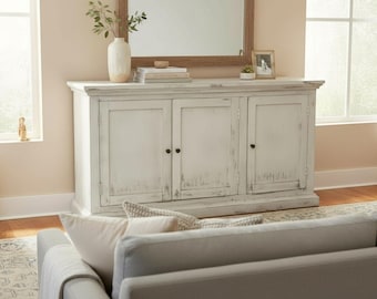 Farmhouse Mid Size 3 Door Buffet Server Solid Wood Weathered White Finish Accent Cabinet