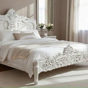 Romantic French Rococo Solid Mahogany White King Bed Frame Headboard Footboard Mattress Rails & Slats