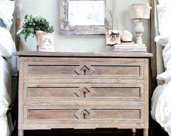 Shanghai Bachelors Chest Of Three Drawers Carved Solid Wood Small Bedroom Dresser Oversized Nightstand Driftwood Finish