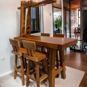 Indoor Outdoor Deck Patio Garden Tall Pub Table 4 Stools Solid Teak Wood Bar Counter With Liquor Wine Bottle Holders Stemware Rack