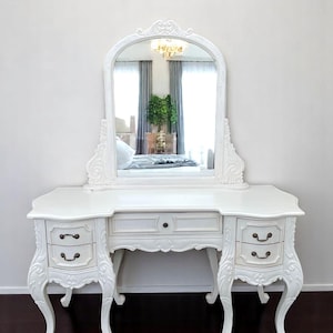 Chateau Baroque Romantic White Bedroom Make Up Vanity Solid Mahogany Wood Vintage French Style  Dressing Table With Mirror