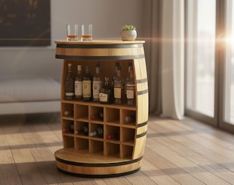 Rustic Bourbon Whiskey Barrel Open Wine Bar Cabinet With Stemware Tracks Liquor Bottle Racks