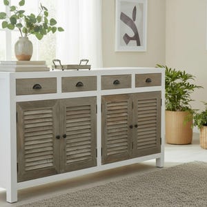 Coastal Home Entryway Console 2 Tone Driftwood White 4 Drawer 4 Shutter Door Solid Wood Dining Room Buffet Server