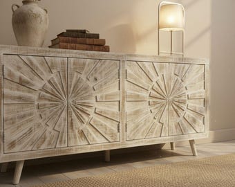 Coastal Boho Solid Sunburst Door Credenza Narrow Entryway Hallway Console Solid Wood Whitewashed Driftwood Finish Buffet Server