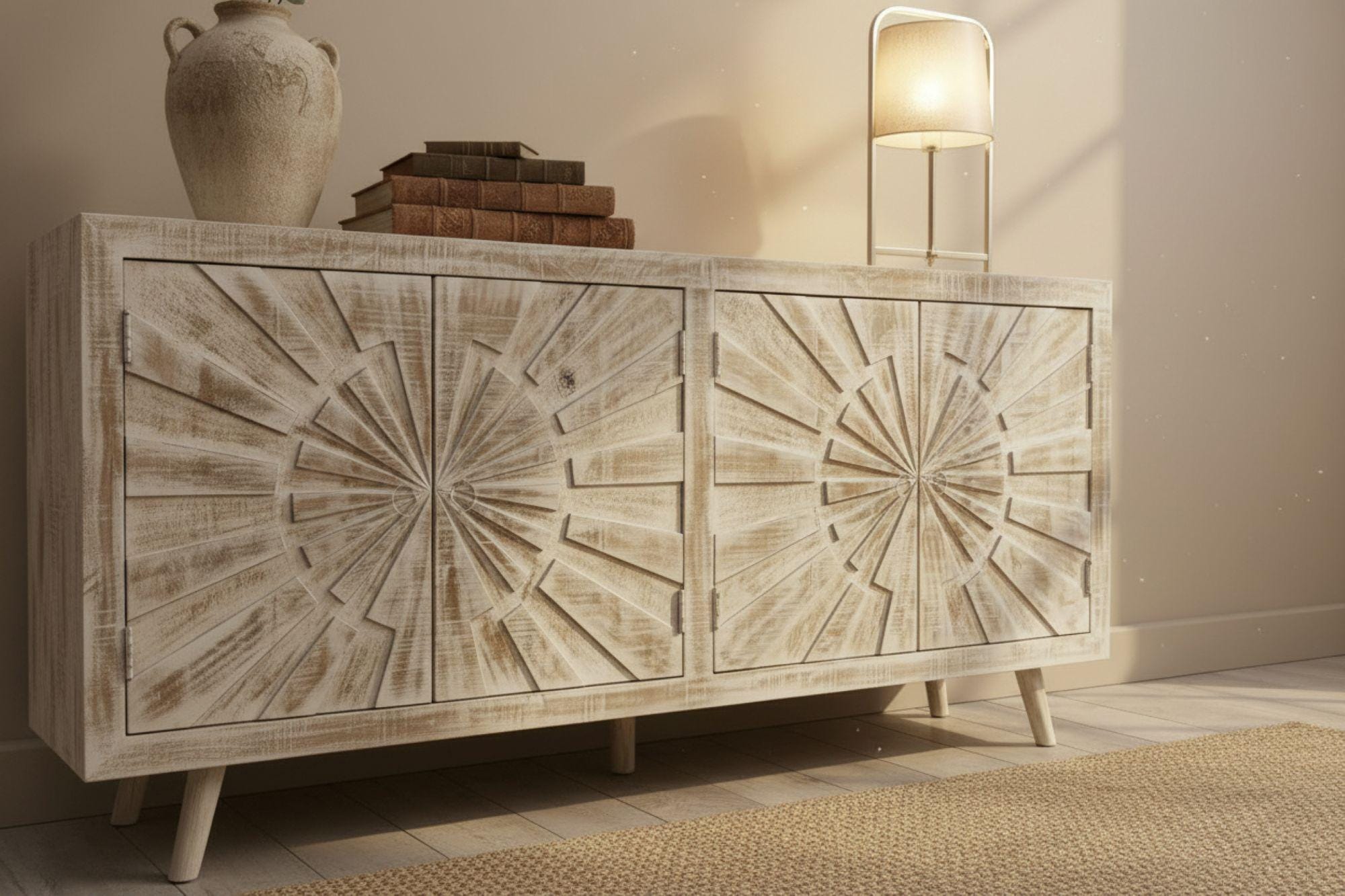 Coastal Boho Solid Sunburst Door Credenza Narrow Entryway Hallway