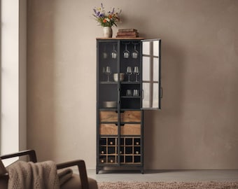 Industrial Black Iron & Glass Wine Cabinet with Wood Drawers