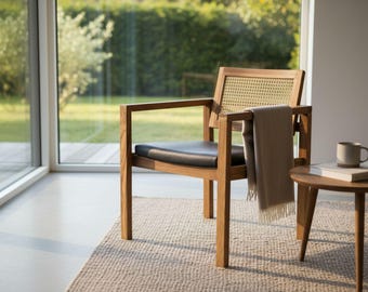 Coastal Teak & Cane Dining Armchairs with Leather Cushions - Set of 2