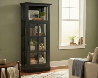Tall Glass Door Bookcase: Modern Farmhouse Distressed Black Cabinet
