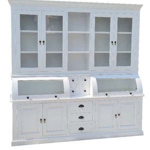 Modern Farmhouse Kitchen Pantry Large Cupboard Solid Wood White Buffet Server 2 Piece Hutch Curved Glass Door Bread Roll Display Cabinet