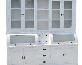 Modern Farmhouse Kitchen Pantry Large Cupboard Solid Wood White Buffet Server 2 Piece Hutch Curved Glass Door Bread Roll Display Cabinet