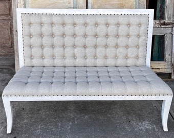 French Country Cottage High Back Button Tufted Beige Upholstery Settee Solid Wood Chippy White Bench Bedroom Loveseat Entryway Small Sofa