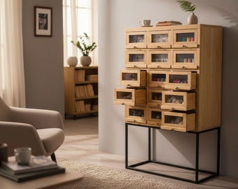 Industrial Teak Wood Sneaker Organizer Cabinet Iron Base Display Case