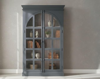 Contemporary Tall Black 2 Arch Glass Door Modern Bookcase Solid Wood China Collectable Display Cabinet