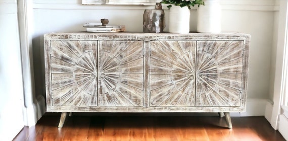 Coastal Boho Solid Sunburst Door Credenza Narrow Entryway Hallway