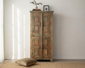Solid Mango Wood Farmhouse Cupboard: 4-Door Linen Closet