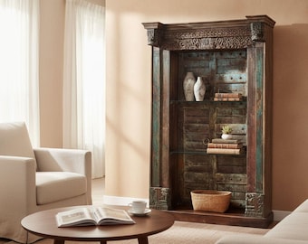Repurposed Antique Door Frame Large Rustic Bookcase Glass Shelves