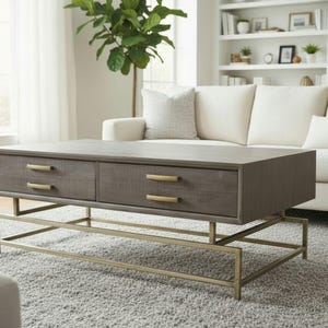 Modern 4' Rectangle Coffee Table Gold Iron Base Drawers For Storage Rustic Finish