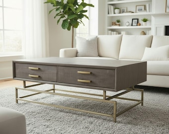 Modern 4' Rectangle Coffee Table Gold Iron Base Drawers For Storage Rustic Finish