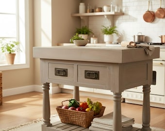 Mid Size Butcher Block Kitchen Island 2 Drawer Chef Prep Table Extra Counter Space