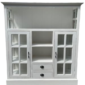 Shabby Chic Modern Farmhouse Cape Cod Tall Glass Door 2 Drawer Open Shelf Bookcase Solid Natural Wood Rustic Distressed White Finish