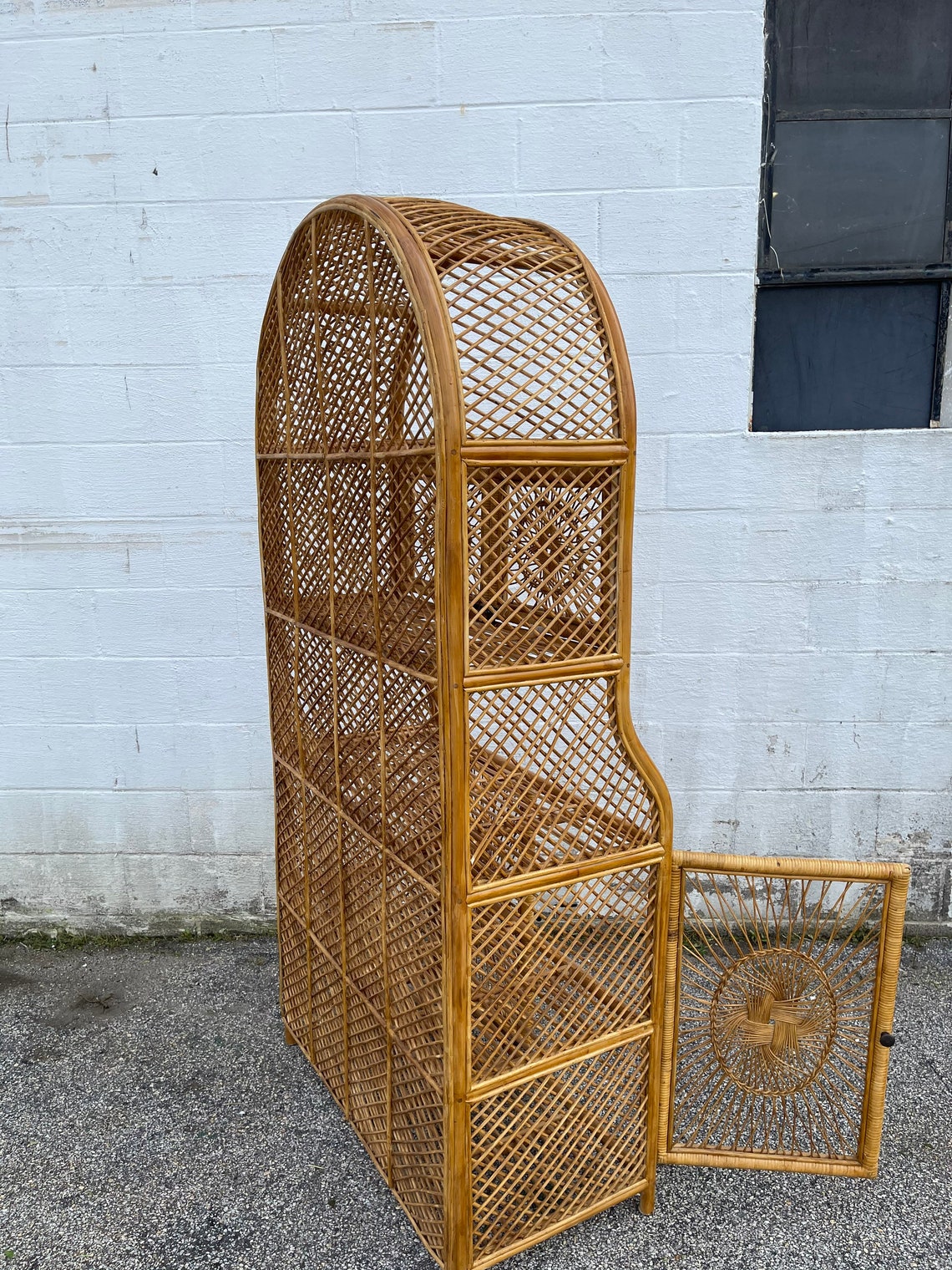 Vintage Rattan Etagere Shelving Unit Arched Wicker Bookshelf Etsy