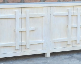 Contemporary 80" Long Solid Wood Creamy White 4 Door Credenza Tall Narrow Buffet Server Entryway Console Media Cabinet