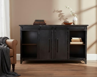Industrial Chic Indoor Outdoor Sliding Door Rustic Iron Home Bar Liquor Wine Console Cabinet