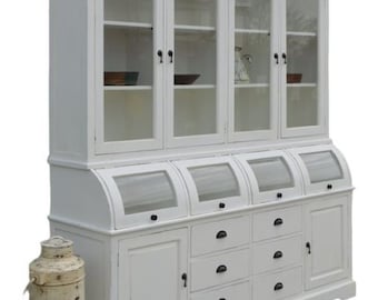 Modern Farmhouse Distressed White Kitchen Cupboard Pantry Solid Wood Glass Door 2 PC Bread Roll Storage Dining Room Buffet Display Cabinet