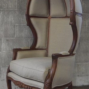 Louis XV French Style Tall Solid Wood Rustic Porter's Linen Upholstery Canopy Balloon Throne Armchair