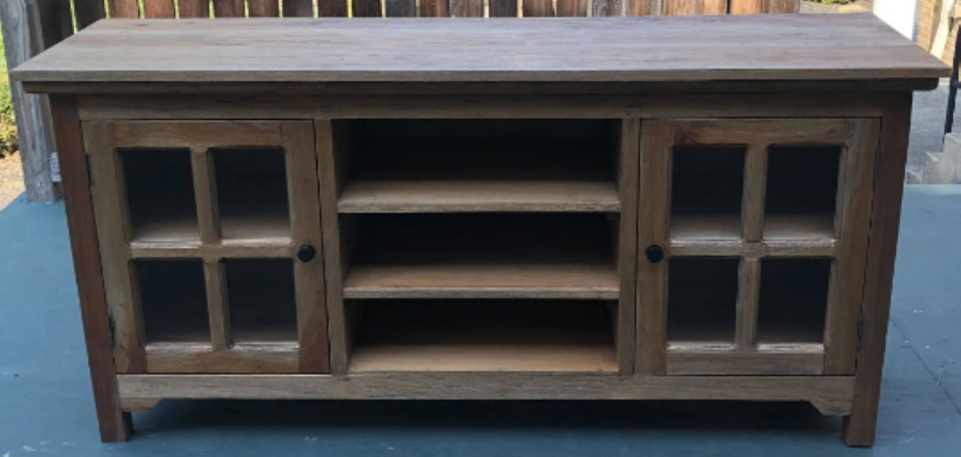 Coastal Glass Door Open Shelf Solid Wood Rustic Media Console Cabinet ...