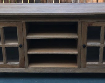 Coastal Glass Door Open Shelf Solid Wood Rustic Media Console Cabinet Driftwood Finish