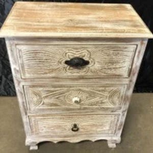 Coastal Boho Chest Of 3 Drawer Carved Solid Wood Bed Side Table Tall Narrow Nightstand Small Bedroom Dresser Driftwood Finish
