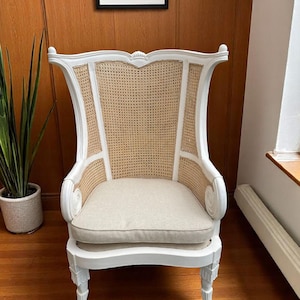 French Provincial White Accent Chair Rustic Double Hole Cane Beige Cushion Solid Mahogany Wood Frame Bedroom Porch Sunroom Wingback Armchair