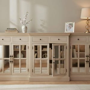 Modern 8 3/4' Long Tall Mirror Door Breakfront Credenza Solid Wood 6 Door Buffet Server Living Room Accent Cabinet Neutral Finish