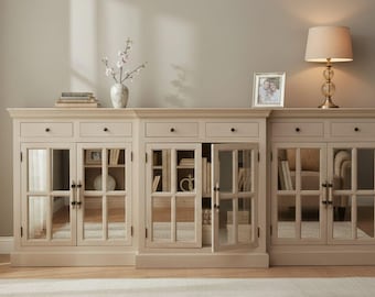 Modern 8 3/4' Long Tall Mirror Door Breakfront Credenza Solid Wood 6 Door Buffet Server Living Room Accent Cabinet Neutral Finish